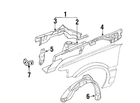 1990 Mazda Protege Structural Components & Rails Diagram